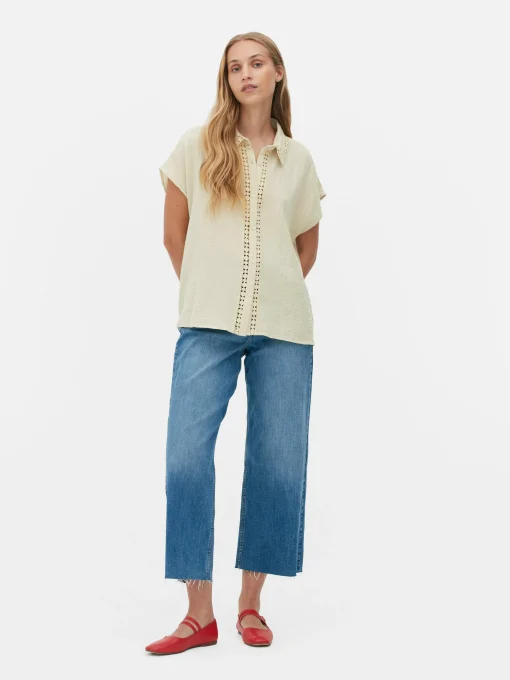 Blusa De Manga Corta Con Ribetes De Ganchillo