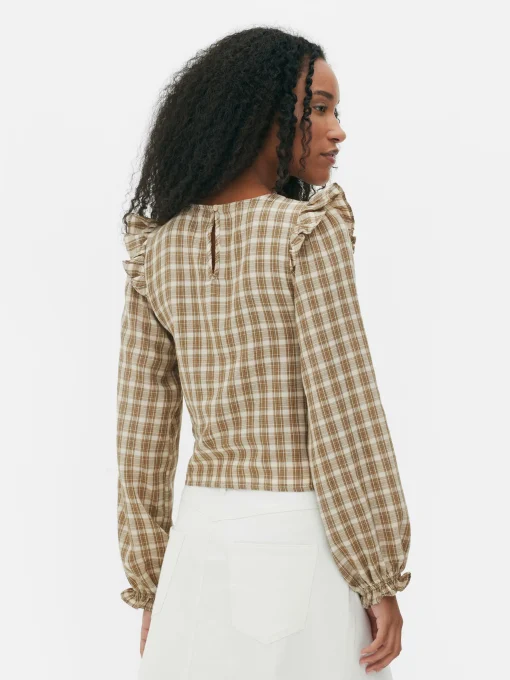 Blusa Fruncida De Cuadros De Manga Larga