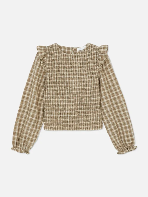 Blusa Fruncida De Cuadros De Manga Larga