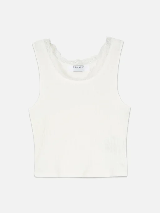 Camiseta Sin Mangas Acanalada Con Ribetes De Encaje